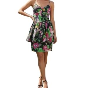 Vtg All That Jazz Black Floral Peplum Mini Dress 80s 90s S 5/6 Whimsigoth